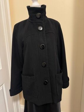 Black Button-Front Wool-Blend Peacoat with Stand Collar
